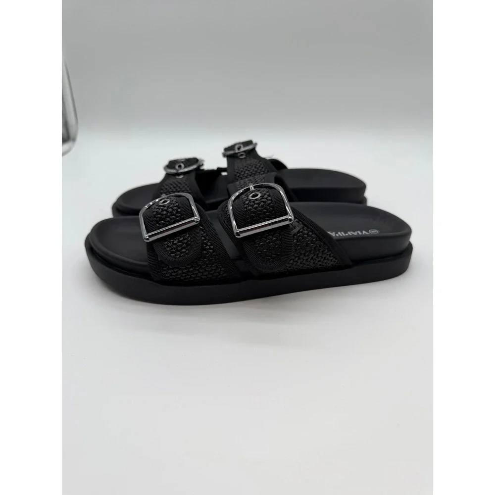 ViaPipa Womens Black Raffia Double Strap Buckle‎ Slide Sandals Size 6
